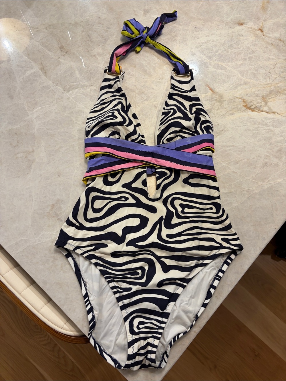 Trina Turk Black and White Zebra-Print One-Piece with Multicolor Waistband